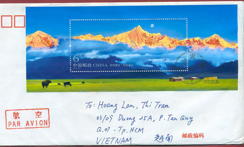 China real posted cover with MS Shangri-La